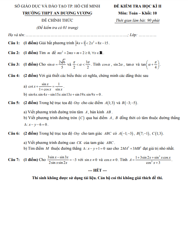 Đề thi học kì 2 Toán 10 năm 2019 – 2020 trường THPT An Dương Vương – TP HCM