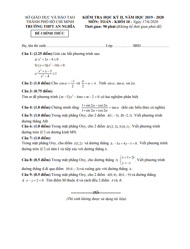 Đề thi học kì 2 Toán 10 năm 2019 – 2020 trường THPT An Nghĩa – TP HCM