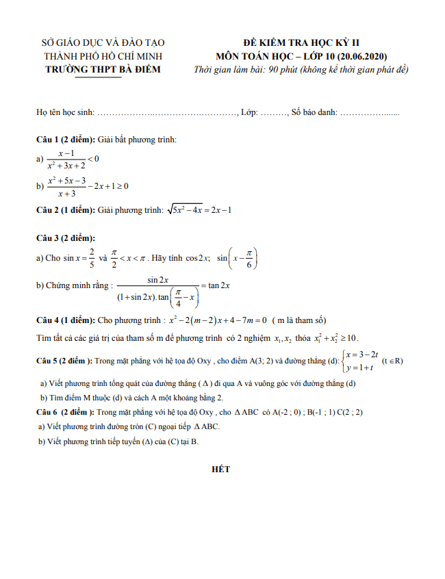 Đề thi học kì 2 Toán 10 năm 2019 – 2020 trường THPT Bà Điểm – TP HCM