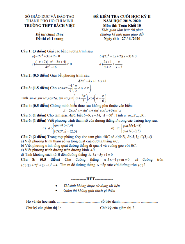 Đề thi học kì 2 Toán 10 năm 2019 – 2020 trường THPT Bách Việt – TP HCM