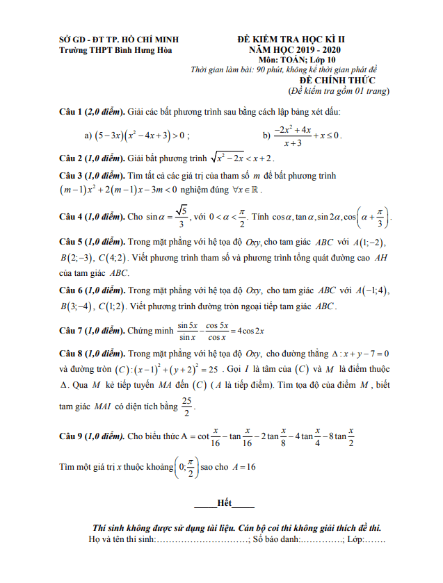 Đề thi học kì 2 Toán 10 năm 2019 – 2020 trường THPT Bình Hưng Hòa – TP HCM