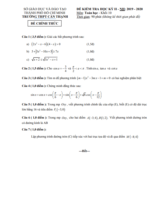Đề thi học kì 2 Toán 10 năm 2019 – 2020 trường THPT Cần Thạnh – TP HCM