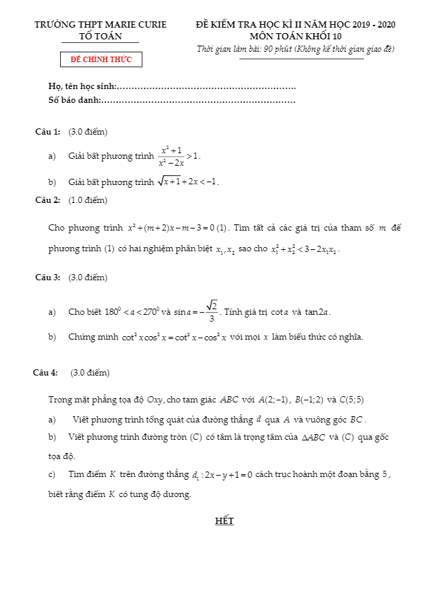 Đề thi học kì 2 Toán 10 năm 2019 – 2020 trường THPT Marie Curie – TP HCM