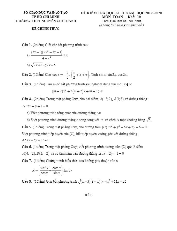 Đề thi học kì 2 Toán 10 năm 2019 – 2020 trường THPT Nguyễn Chí Thanh – TP HCM