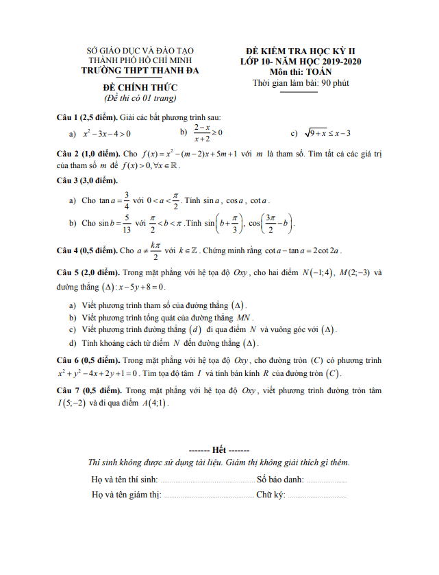 Đề thi học kì 2 Toán 10 năm 2019 – 2020 trường THPT Thanh Đa – TP HCM