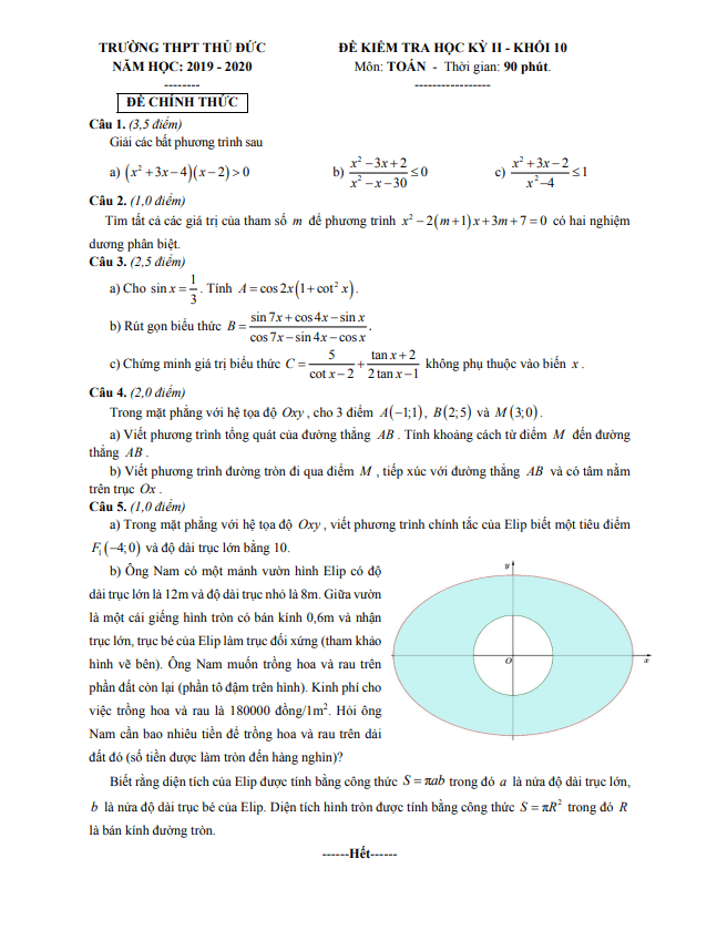 Đề thi học kì 2 Toán 10 năm 2019 – 2020 trường THPT Thủ Đức – TP HCM