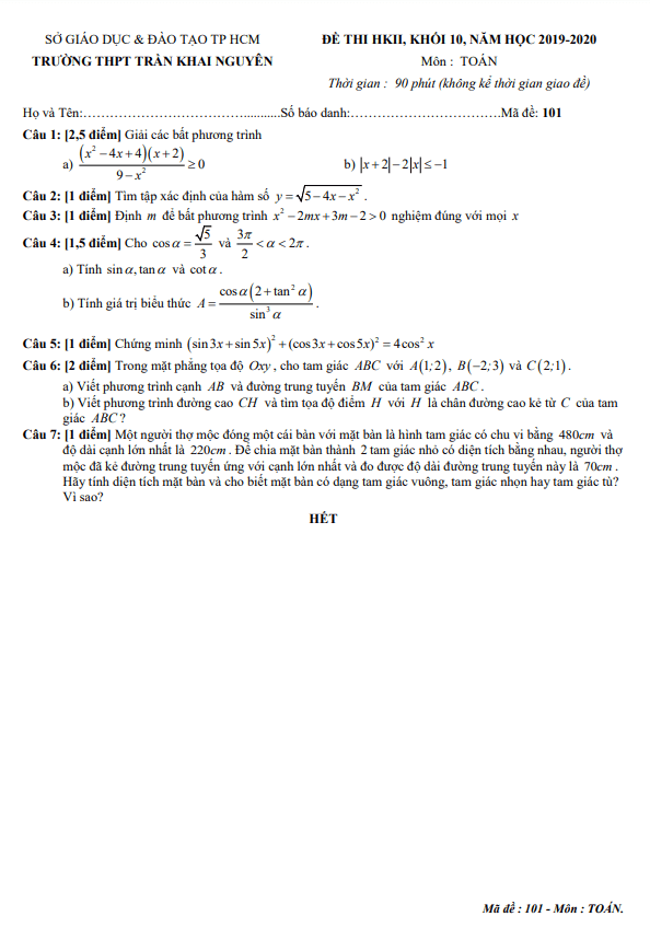 Đề thi học kì 2 Toán 10 năm 2019 – 2020 trường THPT Trần Khai Nguyên – TP HCM