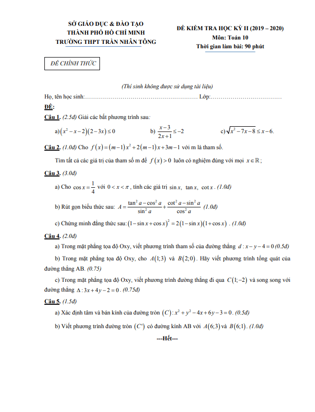 Đề thi học kì 2 Toán 10 năm 2019 – 2020 trường THPT Trần Nhân Tông – TP HCM