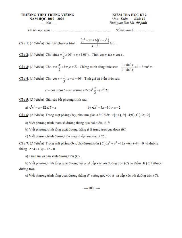 Đề thi học kì 2 Toán 10 năm 2019 – 2020 trường THPT Trưng Vương – TP HCM