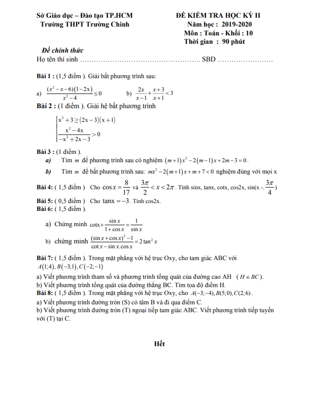 Đề thi học kì 2 Toán 10 năm 2019 – 2020 trường THPT Trường Chinh – TP HCM