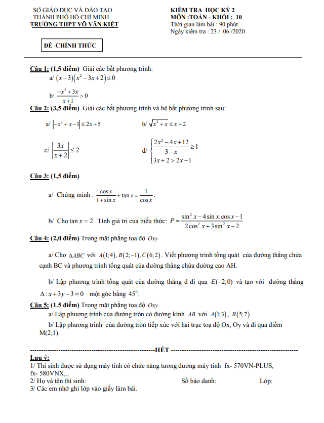 Đề thi học kì 2 Toán 10 năm 2019 – 2020 trường THPT Võ Văn Kiệt – TP HCM