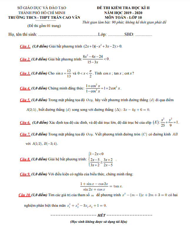 Đề thi học kì 2 Toán 10 năm 2019 – 2020 trường Trần Cao Vân – TP HCM