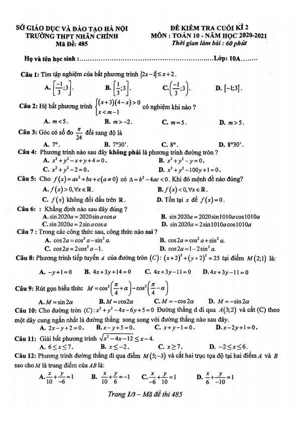 Đề thi học kì 2 Toán 10 năm 2020 – 2021 trường THPT Nhân Chính – Hà Nội