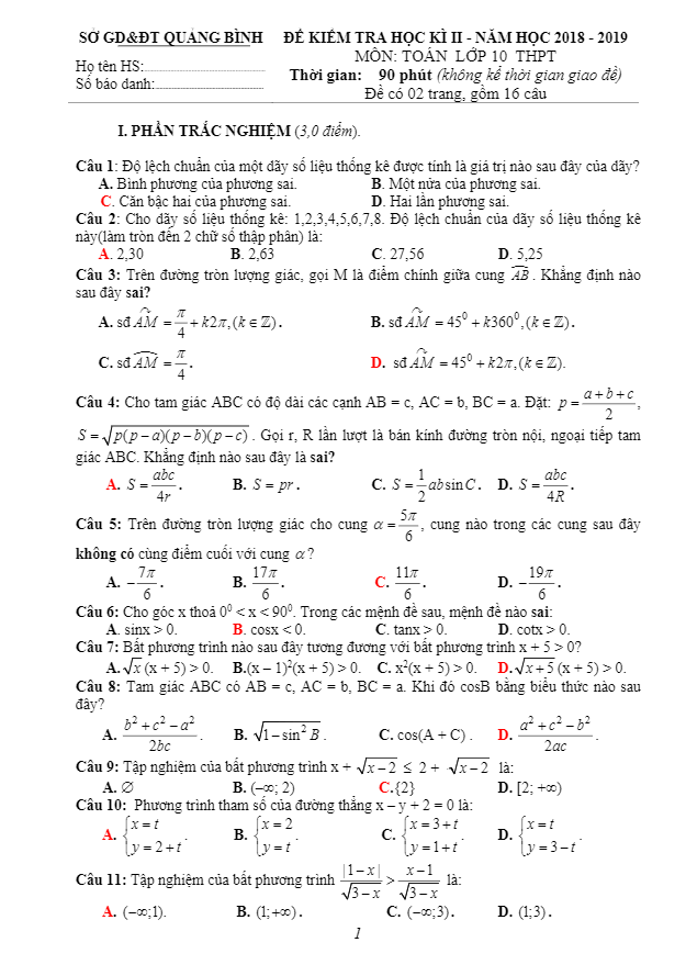 Đề thi học kì 2 Toán 10 năm học 2018 – 2019 sở GD&ĐT Quảng Bình