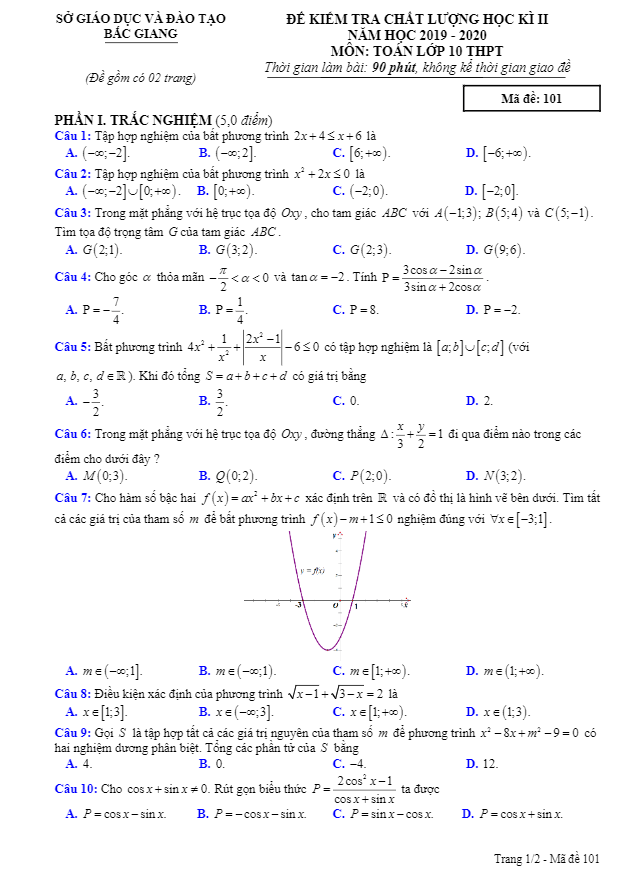 Đề thi học kì 2 Toán 10 THPT năm học 2019 – 2020 sở GD&ĐT Bắc Giang