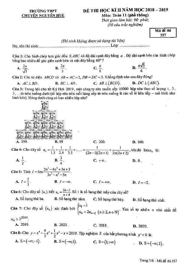 Đề thi học kì 2 Toán 11 năm 2018 – 2019 trường chuyên Nguyễn Huệ – Hà Nội