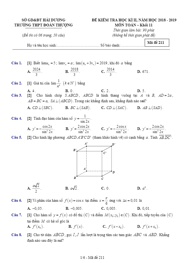Đề thi học kì 2 Toán 11 năm 2018 – 2019 trường Đoàn Thượng – Hải Dương