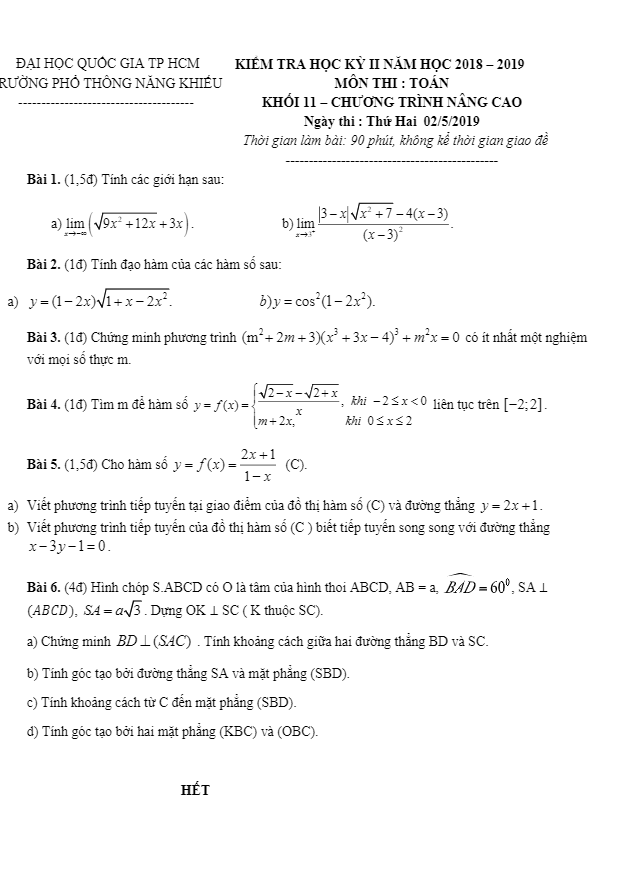Đề thi học kì 2 Toán 11 năm 2018 – 2019 trường Phổ thông Năng khiếu – TP HCM