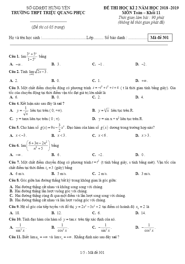 Đề thi học kì 2 Toán 11 năm 2018 – 2019 trường Triệu Quang Phục – Hưng Yên