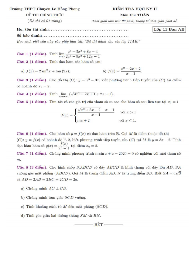 Đề thi học kì 2 Toán 11 năm 2019 – 2020 trường chuyên Lê Hồng Phong – TP HCM