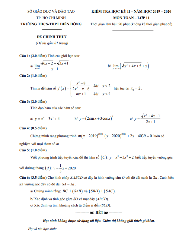 Đề thi học kì 2 Toán 11 năm 2019 – 2020 trường Diên Hồng – TP HCM
