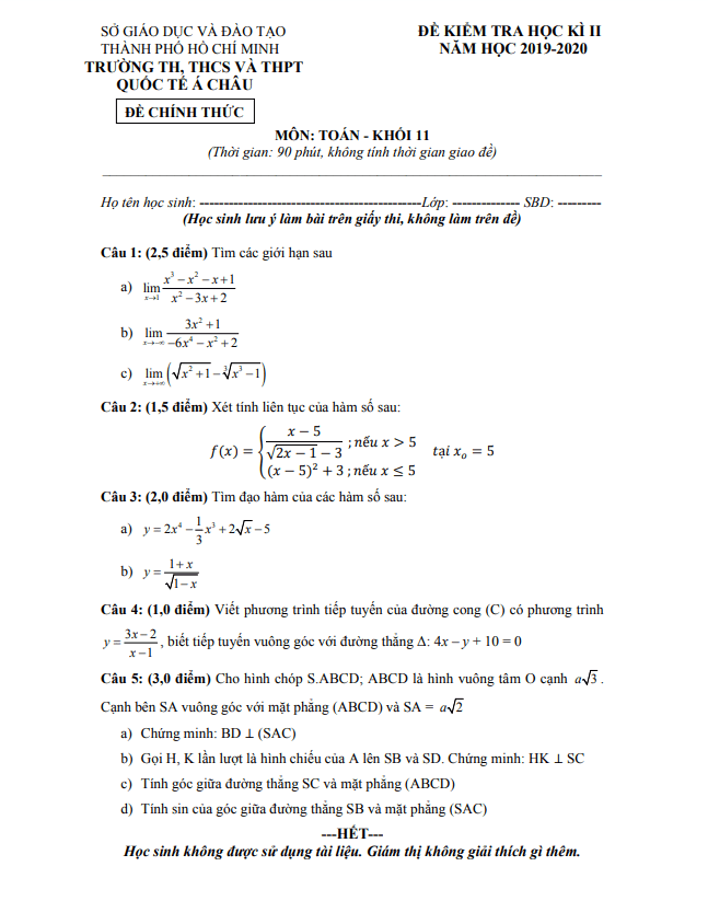 Đề thi học kì 2 Toán 11 năm 2019 – 2020 trường Quốc tế Á Châu – TP HCM