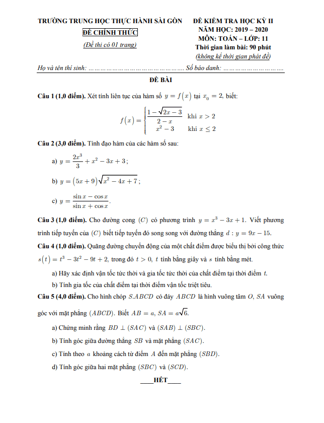 Đề thi học kì 2 Toán 11 năm 2019 – 2020 trường TH Thực hành Sài Gòn – TP HCM