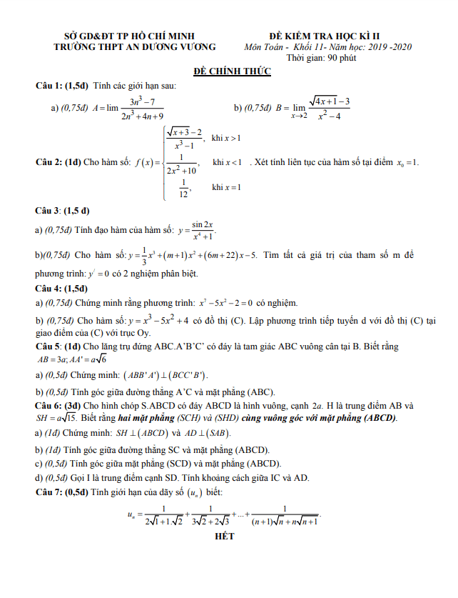 Đề thi học kì 2 Toán 11 năm 2019 – 2020 trường THPT An Dương Vương – TP HCM