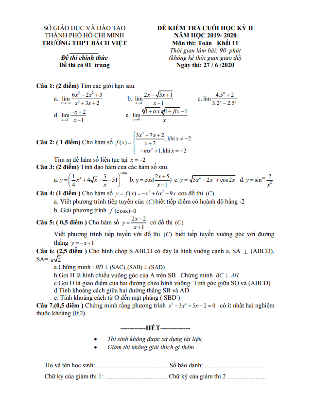 Đề thi học kì 2 Toán 11 năm 2019 – 2020 trường THPT Bách Việt – TP HCM