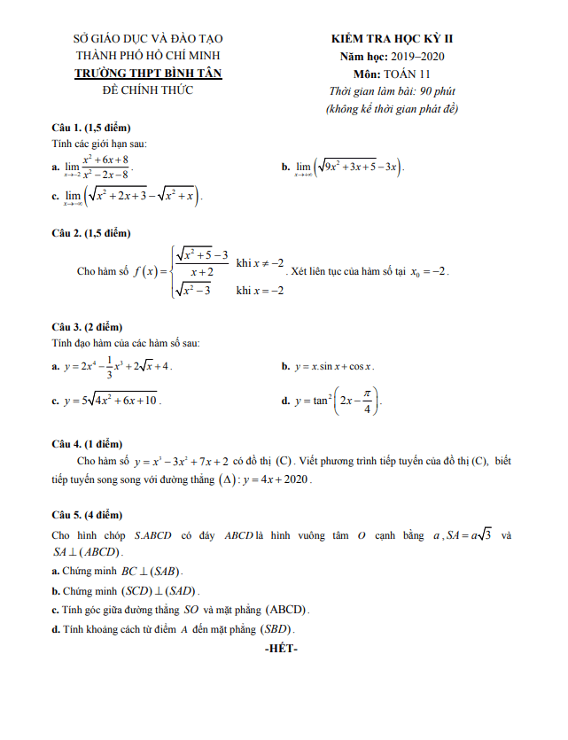 Đề thi học kì 2 Toán 11 năm 2019 – 2020 trường THPT Bình Tân – TP HCM