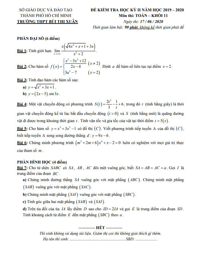 Đề thi học kì 2 Toán 11 năm 2019 – 2020 trường THPT Bùi Thị Xuân – TP HCM