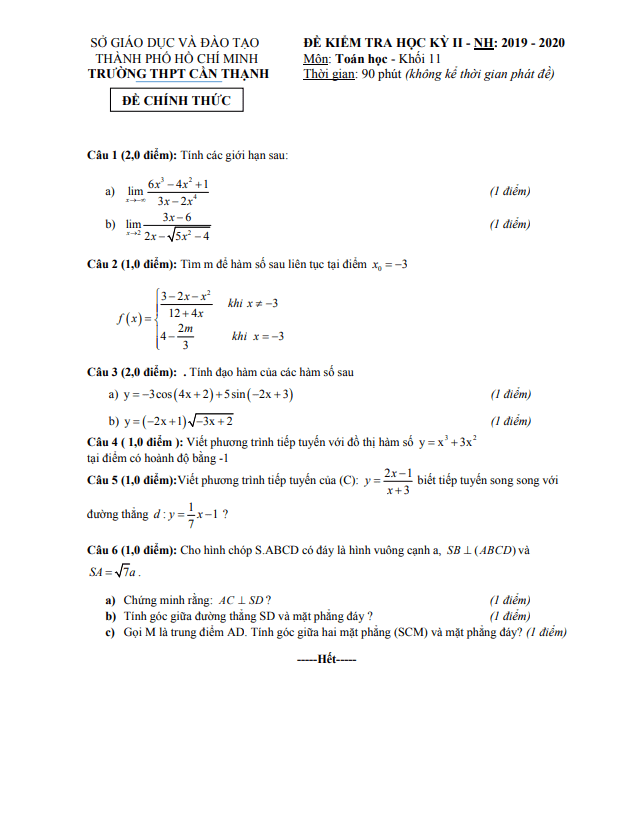 Đề thi học kì 2 Toán 11 năm 2019 – 2020 trường THPT Cần Thạnh – TP HCM