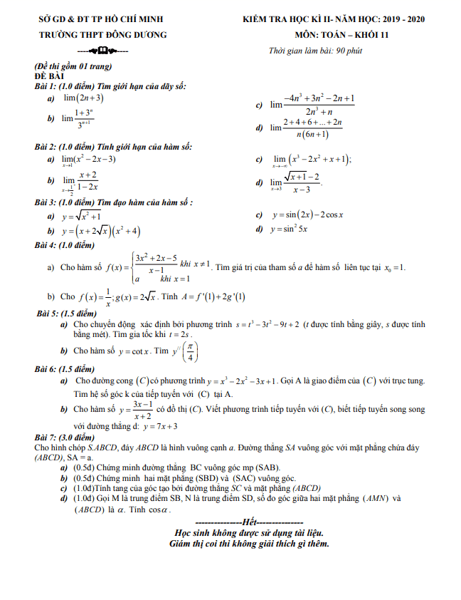 Đề thi học kì 2 Toán 11 năm 2019 – 2020 trường THPT Đông Dương – TP HCM