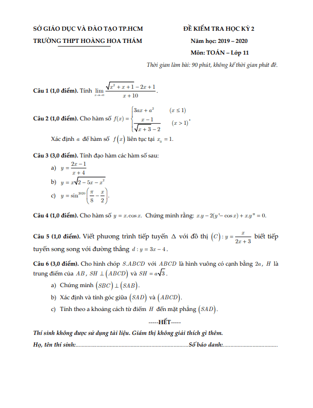 Đề thi học kì 2 Toán 11 năm 2019 – 2020 trường THPT Hoàng Hoa Thám – TP HCM