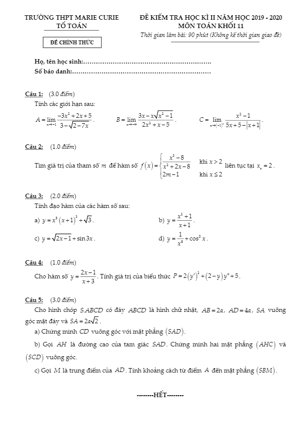 Đề thi học kì 2 Toán 11 năm 2019 – 2020 trường THPT Marie Curie – TP HCM