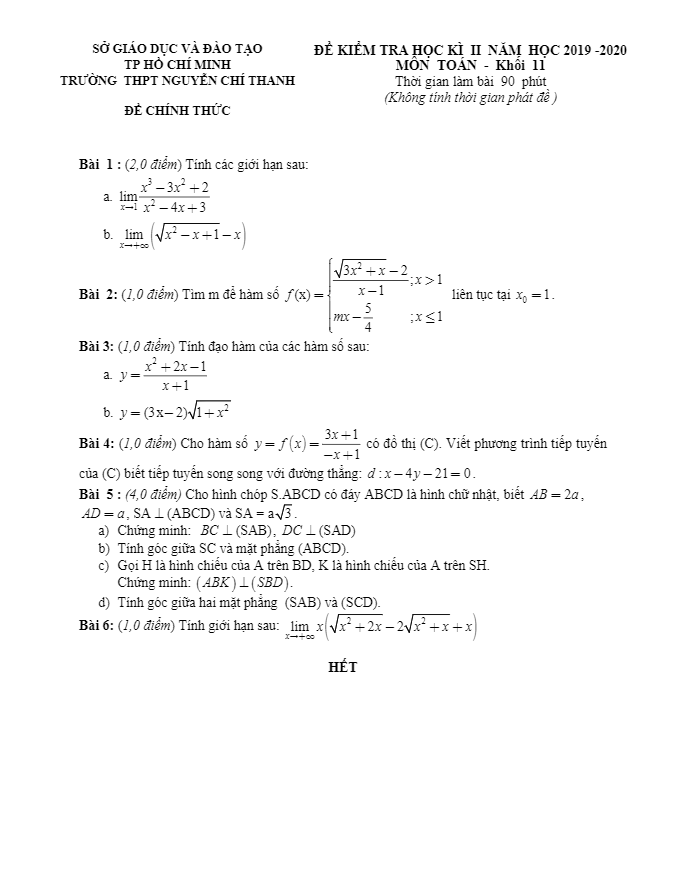 Đề thi học kì 2 Toán 11 năm 2019 – 2020 trường THPT Nguyễn Chí Thanh – TP HCM