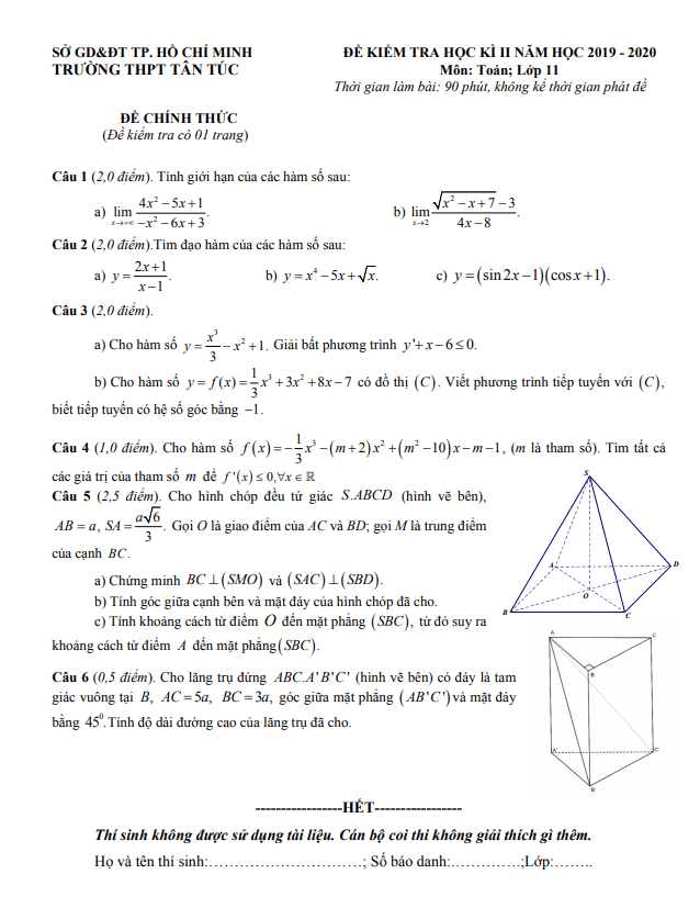 Đề thi học kì 2 Toán 11 năm 2019 – 2020 trường THPT Tân Túc – TP HCM