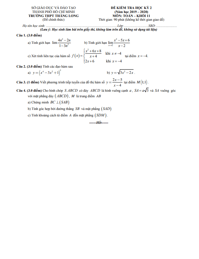 Đề thi học kì 2 Toán 11 năm 2019 – 2020 trường THPT Thăng Long – TP HCM