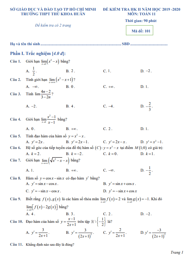 Đề thi học kì 2 Toán 11 năm 2019 – 2020 trường THPT Thủ Khoa Huân – TP HCM