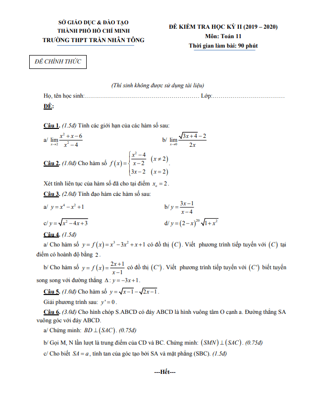 Đề thi học kì 2 Toán 11 năm 2019 – 2020 trường THPT Trần Nhân Tông – TP HCM
