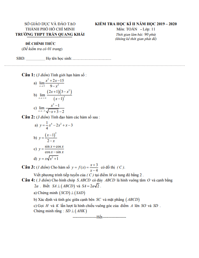 Đề thi học kì 2 Toán 11 năm 2019 – 2020 trường THPT Trần Quang Khải – TP HCM