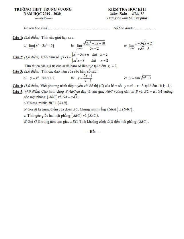 Đề thi học kì 2 Toán 11 năm 2019 – 2020 trường THPT Trưng Vương – TP HCM
