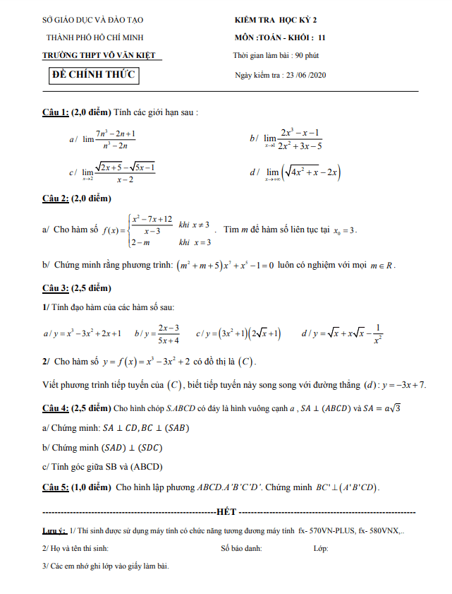 Đề thi học kì 2 Toán 11 năm 2019 – 2020 trường THPT Võ Văn Kiệt – TP HCM