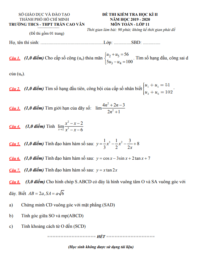 Đề thi học kì 2 Toán 11 năm 2019 – 2020 trường Trần Cao Vân – TP HCM