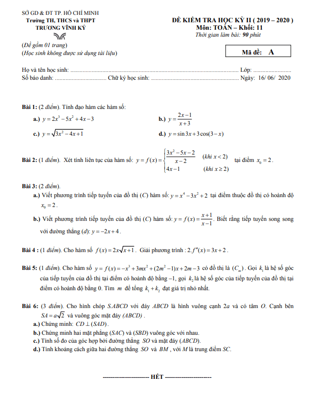 Đề thi học kì 2 Toán 11 năm 2019 – 2020 trường Trương Vĩnh Ký – TP HCM