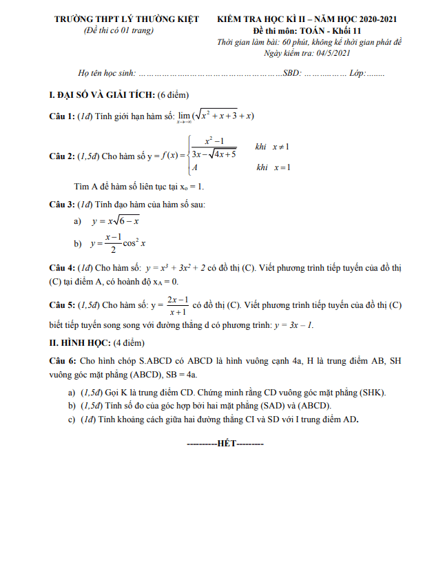 Đề thi học kì 2 Toán 11 năm 2020 – 2021 trường THPT Lý Thường Kiệt – TP HCM