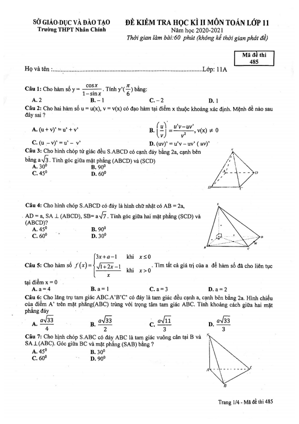 Đề thi học kì 2 Toán 11 năm 2020 – 2021 trường THPT Nhân Chính – Hà Nội