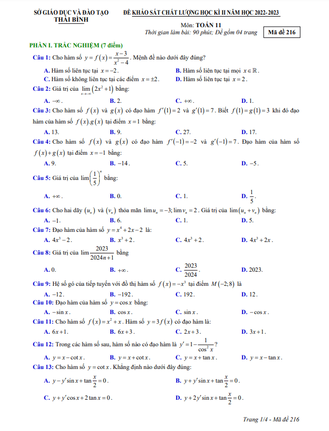 Đề thi học kì 2 Toán 11 năm 2022 – 2023 sở GD&ĐT Thái Bình