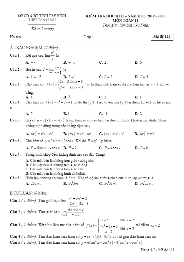 Đề thi học kì 2 Toán 11 năm học 2019 – 2020 trường THPT Tân Châu – Tây Ninh
