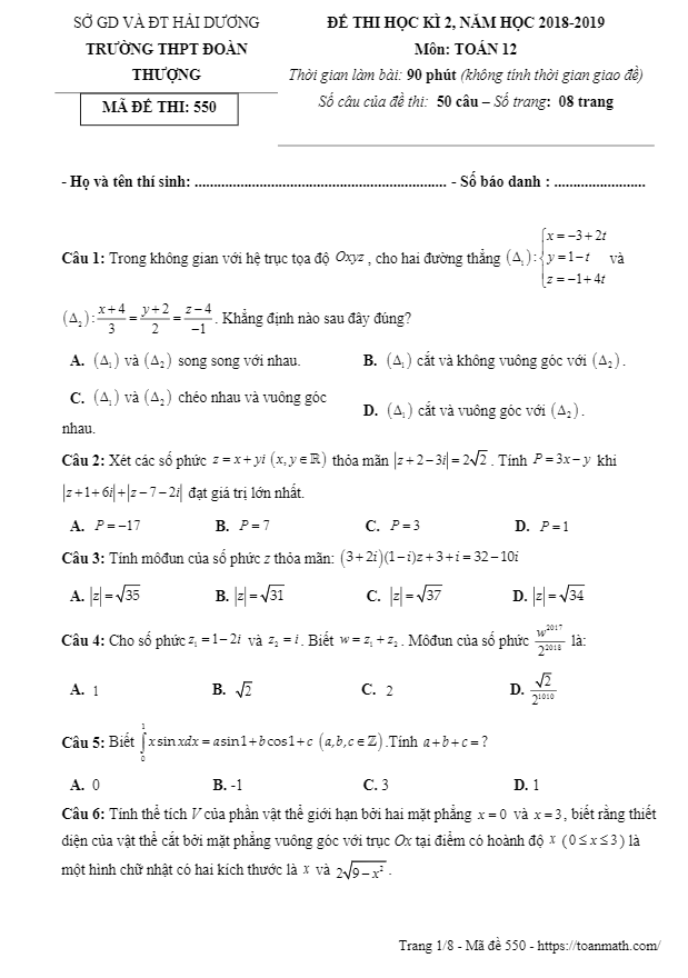 Đề thi học kì 2 Toán 12 năm 2018 – 2019 trường Đoàn Thượng – Hải Dương